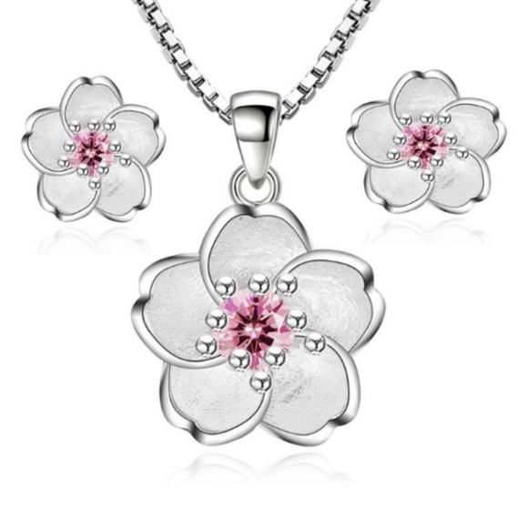Jewelry - Flower Pendant Necklace Pink Gemstone Silver Set